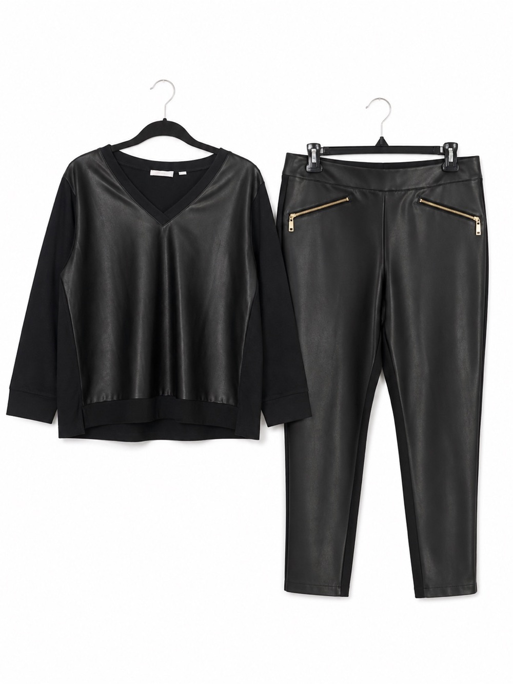 Belle by Kim Gravel Faux Leather Top & Zip Pants Outfit NWT L 34x29